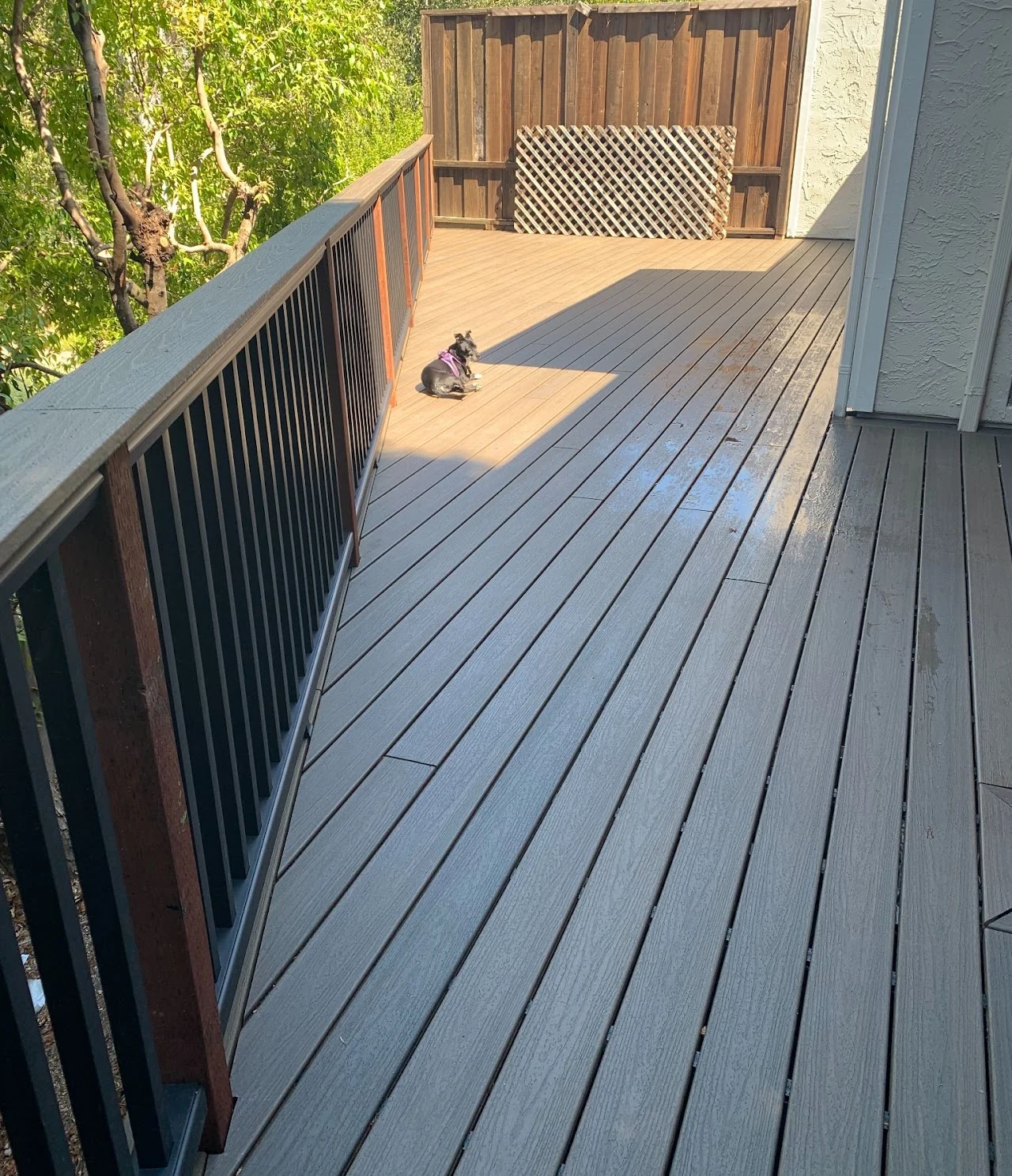 Gray outdoor deck with black railing beside the house